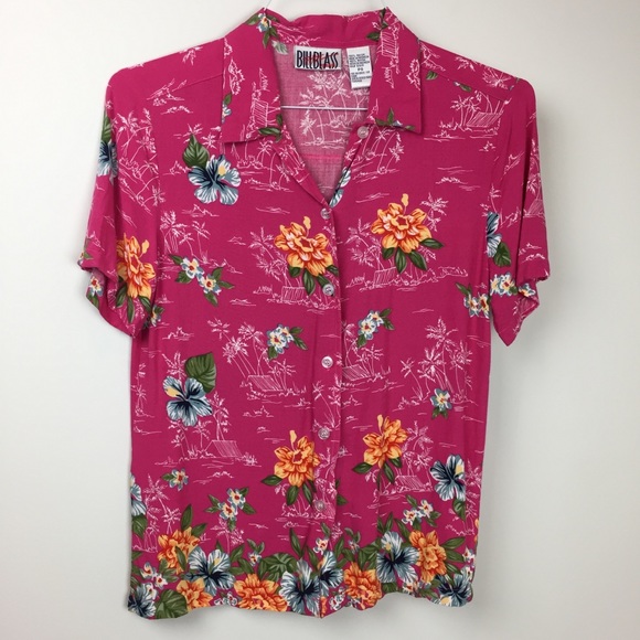 Bill Blass Hot Pink Hawaiian Shirt Petite Small - Picture 2 of 5